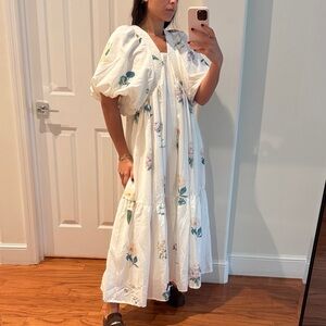 Boho Floral Puff-Sleeve Maxi Dress - White - bump friendly